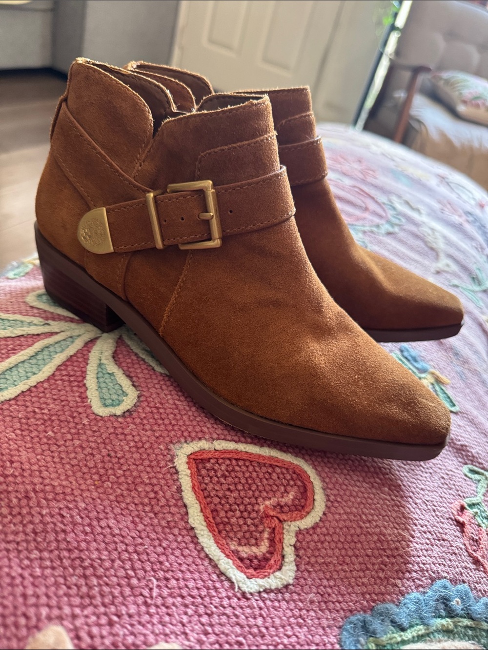 Vince Camuto Tan Suede Pointed Ankle Booties with Buckle